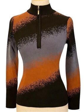 Meli Y2K Ski Sweater XS Ombre Gradient Fitted 1/4 Zip Mock Neck Brown Blue Black